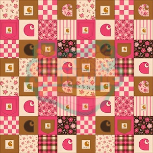 Könnte beinhalten: Ein Patchwork-Muster mit einem Raster aus Quadraten in verschiedenen Designs, darunter rosa-weiß karierte Muster, Blumenprints, braun-rosa Schottenmuster und einfarbige braune Quadrate. Jedes Quadrat enthält ein Carhartt-Logo oder eine Taschengrafik.