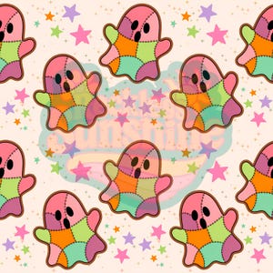 May include: A repeating pattern featuring patchwork ghosts with stitched details in pink, orange, green, and purple. The ghosts have black oval eyes and mouths, surrounded by small colorful stars on a light cream background with a faint logo.