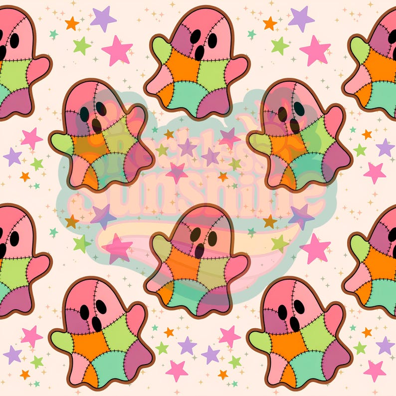 May include: A repeating pattern featuring patchwork ghosts with stitched details in pink, orange, green, and purple. The ghosts have black oval eyes and mouths, surrounded by small colourful stars on a light cream background with a faint logo.
