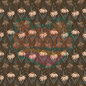 Peut inclure: Un motif répétitif sur fond brun foncé représentant des fleurs d'échinacée rose pâle aux centres texturés, entremêlées de fines feuilles vertes, de petits points blancs et de tiges minces, formant une illustration botanique dense.