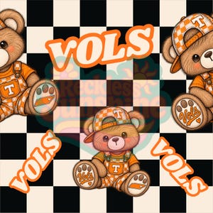 May include: A repeating pattern featuring brown teddy bears wearing orange and white checkered overalls and caps with the letter T. The bears have paw prints on their feet with the text VOLS and a state outline. The word VOLS appears in orange.