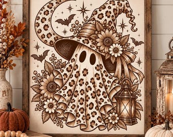 Leopardengeist (PNG), Geist im Vintage-Stil mit Blumenmuster (PNG), Halloween-Sublimationsdesign
