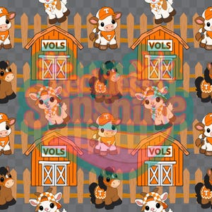May include: A repeating digital pattern featuring cartoon calves and horses wearing orange and white checkered hats and bandanas, interspersed with orange barns labeled VOLS and a wooden fence background, all set against a transparent grid.