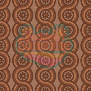 Puede incluir: Un patrón repetitivo con líneas onduladas verticales en tonos marrones, creando formas circulares que encierran pequeñas flores de ocho pétalos. El diseño utiliza una paleta de colores monocromática con diversos tonos de marrón sobre un fondo claro.