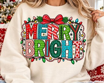 Fröhliche und strahlende Weihnachtslichter (PNG) | Handgezeichnetes Design für ein Weihnachtsshirt (Digitaler Download)