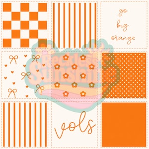 May include: A grid of nine square panels featuring orange and white patterns including checkers, vertical stripes, polka dots, and small flower and bow motifs. Two panels contain the orange cursive text "go big orange" and "vols".