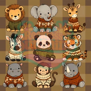 May include: A digital illustration featuring nine cartoon animals arranged in a grid, including a lion, elephant, giraffe, zebra, panda, tiger, hippo, monkey, and rhino. Each animal wears a textured, patterned sweater against a brown plaid background.
