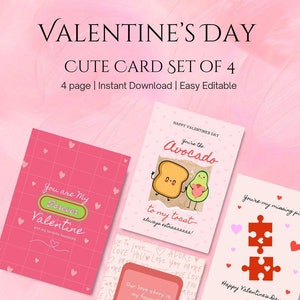Lindas tarjetas de San Valentín para seres queridos, lindos corazones rosados, impresiones de aguacate y tostadas, rompecabezas de corazón, juego de 4 tarjetas imprimibles, impresiones extravagantes