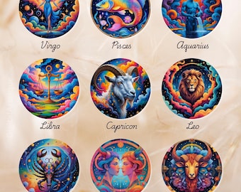 Colorful Zodiac Stickers: Astrology PNG Art (Digital Download, 12 Signs, 4x4 in