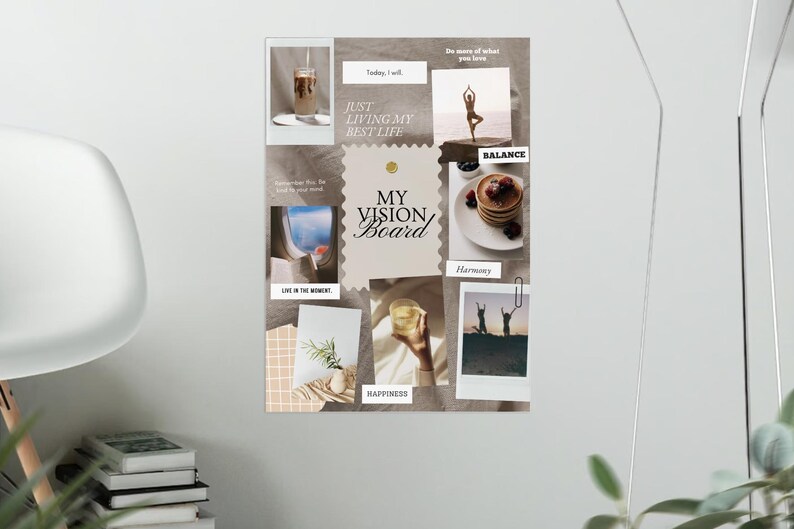 May include: A vision board with a collage of images and text. The images include a woman doing yoga, a glass of iced coffee, a plate of pancakes, a view from an airplane window, and two people with their arms raised in the air. The text includes "My Vision Board", "Just living my best life", "Balance", "Harmony", "Happiness", and "Live in the moment".