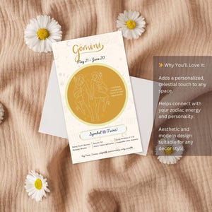 May include: A yellow and white printable card with the zodiac sign Gemini. The card features a line drawing of two people, the symbol for Gemini, and the text "Gemini, May 21 - June 20, Symbol: Twins". The card also includes information about the zodiac sign, such as the ruling planet, element, lucky numbers, and compatible signs.