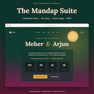 May include: A digital Indian wedding website template titled The Mandap Suite featuring a dark green and purple gradient background. The interface displays the names Meher & Arjun, a countdown timer, event details, and buttons labeled Reserve Your Spot.
