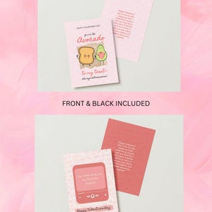 May include: Two Valentine's Day cards with pink and white backgrounds. The first card features a cartoon avocado and toast with the text "You're the Avocado to my toast, always extrassss!" The second card features a cartoon music player with the text "Our love story is my favorite playlist" and "Happy Valentine's Day".