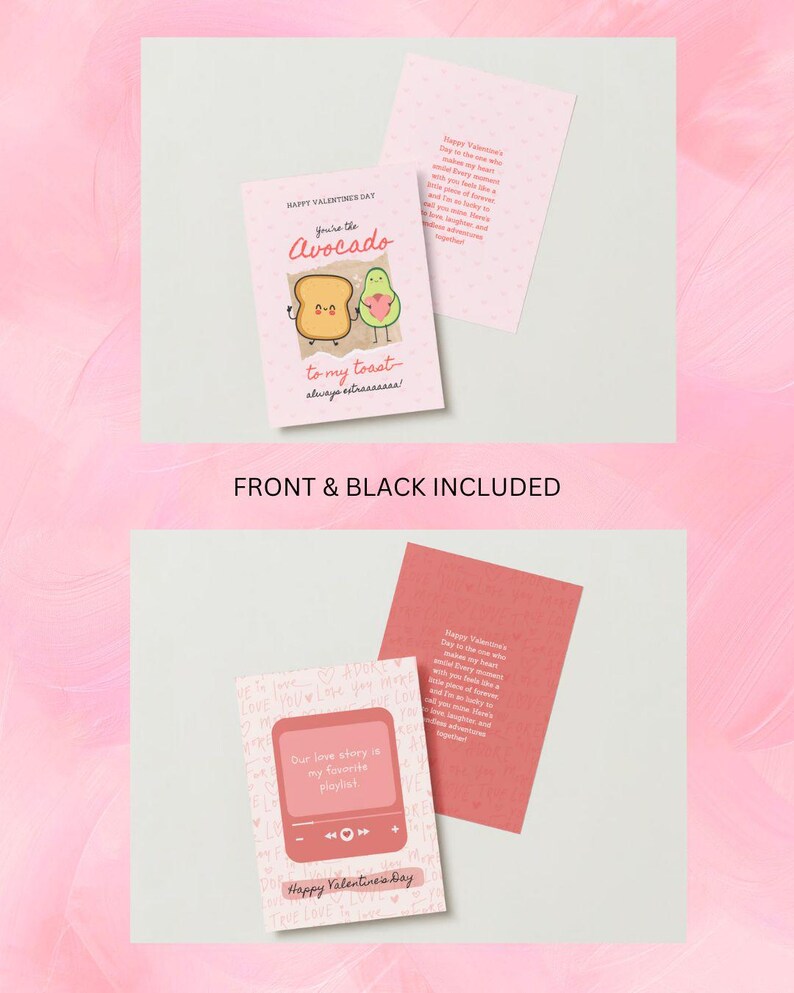 May include: Two Valentine's Day cards with pink and white backgrounds. The first card features a cartoon avocado and toast with the text "You're the Avocado to my toast, always extrassss!" The second card features a cartoon music player with the text "Our love story is my favorite playlist" and "Happy Valentine's Day".