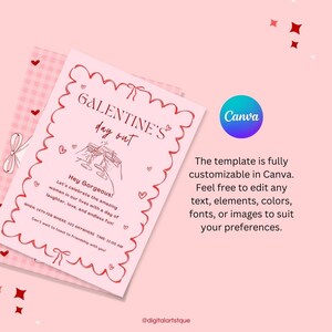 Puede incluir: Una tarjeta imprimible rosa y blanca con un borde decorativo y el texto "Galentine's Day Out" en rojo. La tarjeta presenta una ilustraci&oacute;n dibujada a mano de dos mujeres brindando con copas de champ&aacute;n. El texto "Hey Gorgeous! Let's celebrate the amazing women in our lives with a day of laughter, love, and endless fun!" est&aacute; escrito debajo de la ilustraci&oacute;n. La tarjeta tambi&eacute;n incluye el texto "WHEN: 14TH FEB WHERE: 123 ANYWHERE TIME: 11:00 AM Can't wait to toast to friendship with you!" y el texto "@digitalartstque" en la parte inferior.