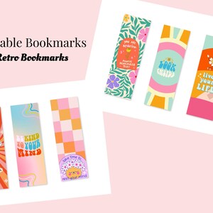 Puede incluir: Seis marcap&aacute;ginas de estilo retro con dise&ntilde;os coloridos y mensajes inspiradores. Los marcap&aacute;ginas presentan una variedad de patrones, incluyendo dise&ntilde;os florales, a cuadros y abstractos. Los mensajes incluyen "Eres hermosa, recuerda siempre eso", "Mira hacia adentro", "Vive tu vida", "S&eacute; amable con tu mente", "T&oacute;mate un tiempo para descansar tu mente" y "Difunde amabilidad".