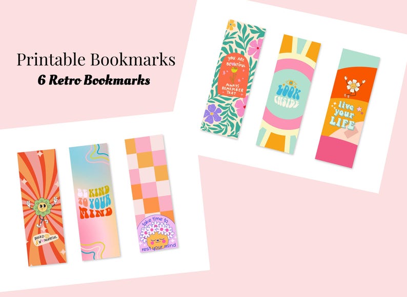 Puede incluir: Seis marcap&aacute;ginas de estilo retro con dise&ntilde;os coloridos y mensajes inspiradores. Los marcap&aacute;ginas presentan una variedad de patrones, incluyendo dise&ntilde;os florales, a cuadros y abstractos. Los mensajes incluyen "Eres hermosa, recuerda siempre eso", "Mira hacia adentro", "Vive tu vida", "S&eacute; amable con tu mente", "T&oacute;mate un tiempo para descansar tu mente" y "Difunde amabilidad".