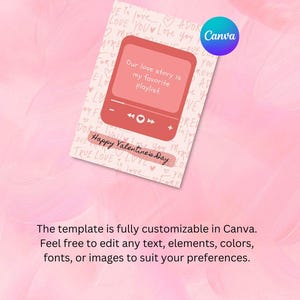 May include: A pink and white Valentine's Day card with a music player graphic and the text "Our love story is my favorite playlist." and "Happy Valentine's Day". The card is surrounded by a pink background with the word "love" written in various fonts and sizes.
