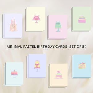 Op de afbeelding: Set van acht pastelkleurige verjaardagskaarten met verschillende taartontwerpen. Elke kaart heeft een eenvoudig, minimalistisch ontwerp met &eacute;&eacute;n taart op een witte achtergrond.