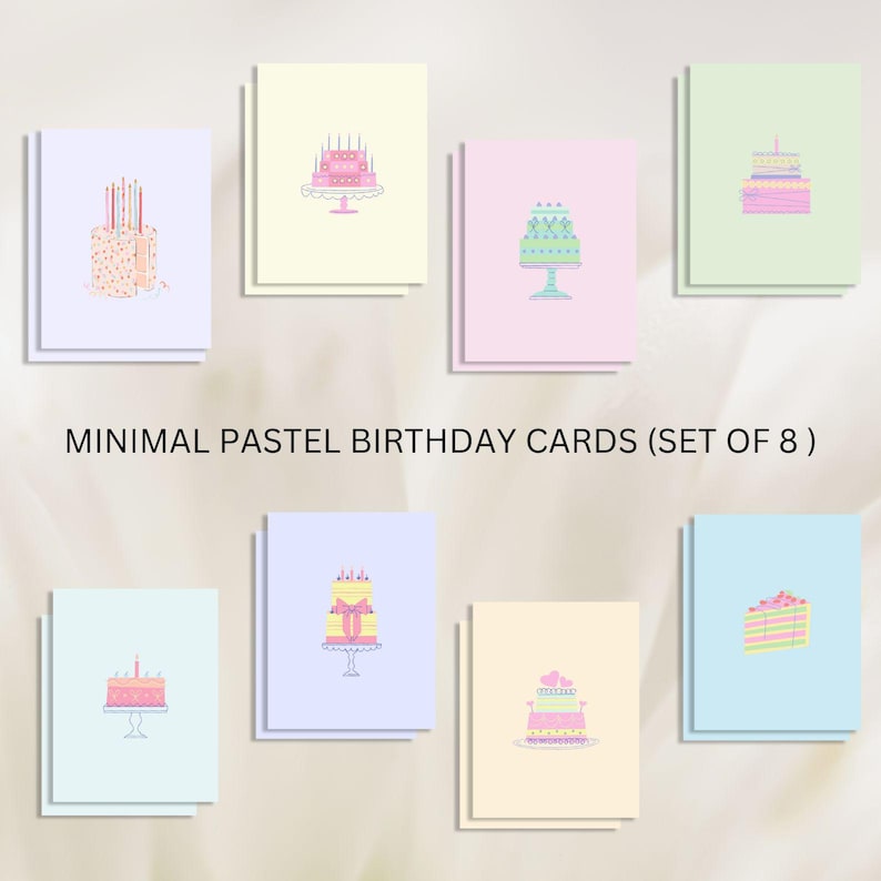 Op de afbeelding: Set van acht pastelkleurige verjaardagskaarten met verschillende taartontwerpen. Elke kaart heeft een eenvoudig, minimalistisch ontwerp met &eacute;&eacute;n taart op een witte achtergrond.