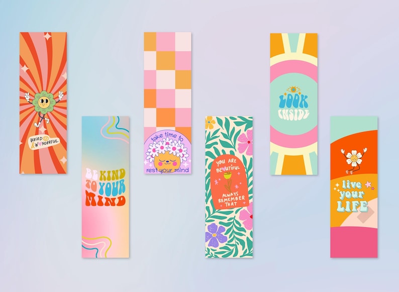 Puede incluir: Conjunto de seis marcap&aacute;ginas coloridos con afirmaciones positivas y dise&ntilde;os de inspiraci&oacute;n retro. Los marcap&aacute;ginas presentan ilustraciones de flores, un sol sonriente y un patr&oacute;n a cuadros. El texto en los marcap&aacute;ginas incluye frases como "S&eacute; amable con tu mente", "T&oacute;mate tiempo para descansar tu mente", "Eres hermosa, recuerda siempre eso", "Mira hacia adentro", "Raro y maravilloso", y "Vive tu vida".