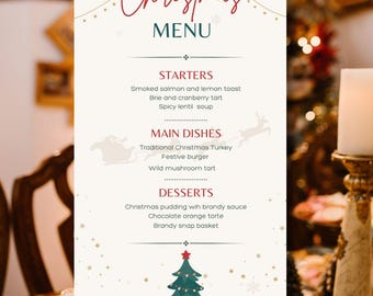 Plantilla de menú navideño: Cena elegante para fiestas (Canva editable, descarga digital)