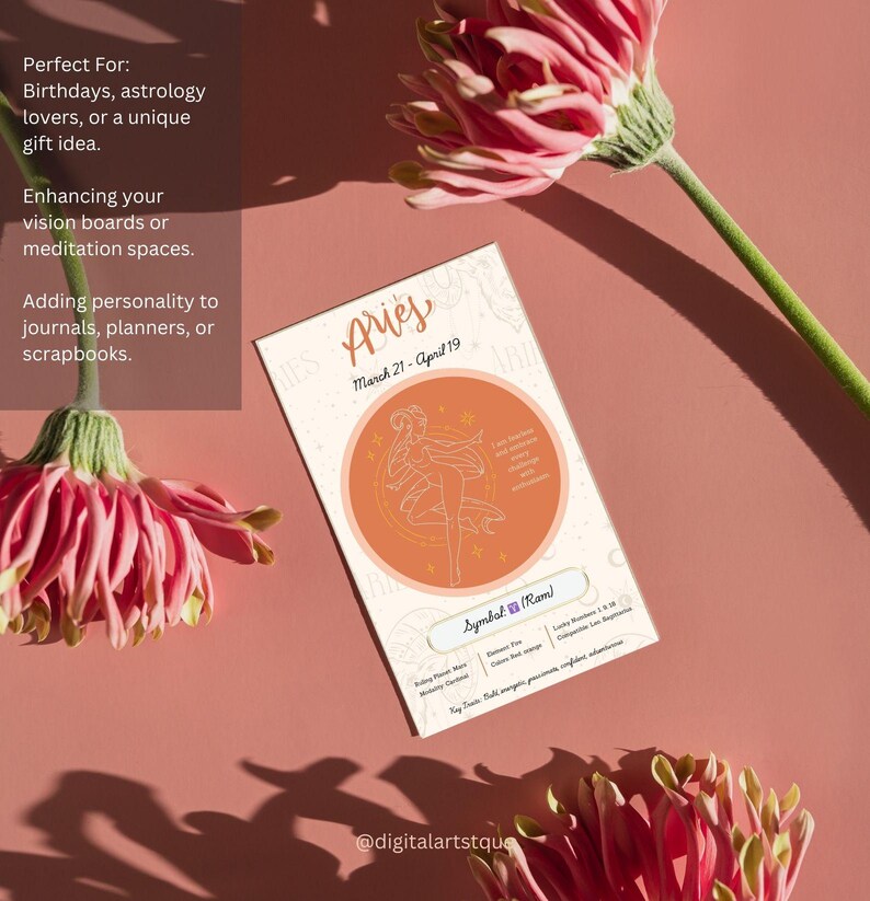 May include: A peach-colored card with a line drawing of the astrological sign Aries. The card includes the dates March 21 - April 19, the symbol (Ram), and the text "@digitalartstqu".