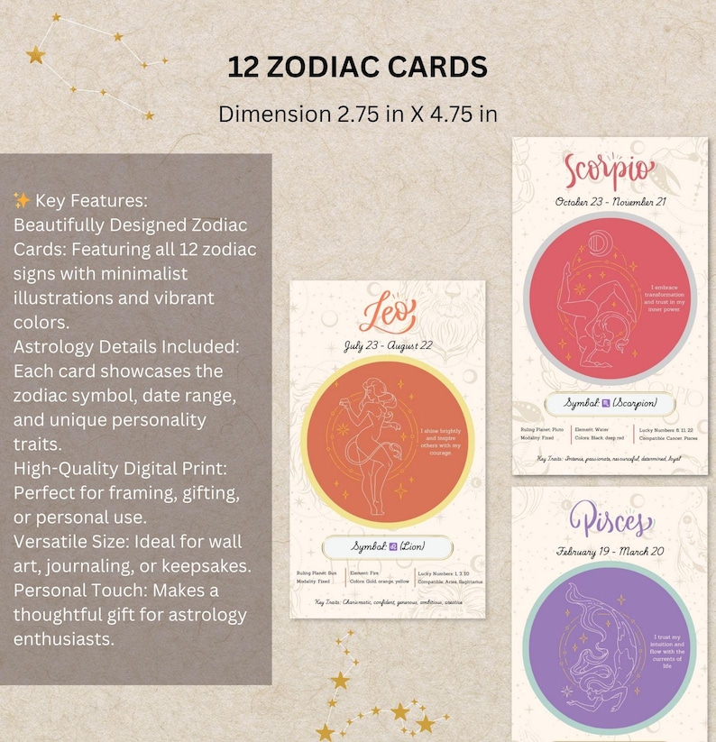 May include: Twelve digital printable zodiac cards featuring a minimalist design with vibrant colors. Each card includes the zodiac symbol, date range, and personality traits. The cards are 2.75 inches by 4.75 inches.