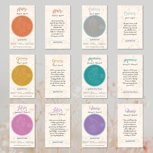 May include: A set of 12 zodiac sign cards with illustrations and text describing the personality traits of each sign. The cards are on a white background with a floral pattern.