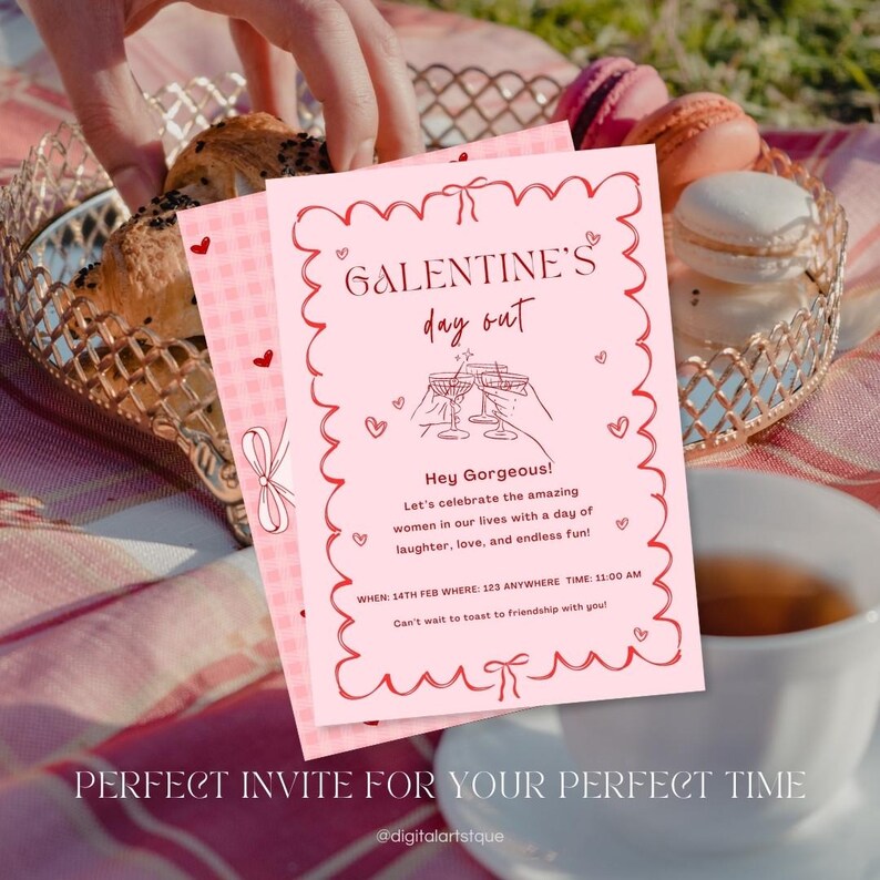 Puede incluir: Una invitaci&oacute;n a una fiesta de Galentine's Day rosa y roja con una ilustraci&oacute;n dibujada a mano de tres copas de champ&aacute;n y el texto "Galentine's Day Out". La invitaci&oacute;n incluye el texto "Hey Gorgeous! Let's celebrate the amazing women in our lives with a day of laughter, love, and endless fun!" y los detalles "WHEN: 14th FEB WHERE: 123 ANYWHERE TIME: 11:00 AM Can't wait to toast to friendship with you!"