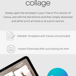 May include: A digital tablet displaying a vision board template with images and text, including "Do more of what you love", "Balance", "Harmony", and "Just living my best life". The template is designed for use with Canva, a graphic design platform.
