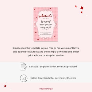 Puede incluir: Una invitaci&oacute;n imprimible rosa y blanca con un fondo de cuadros vichy rosa y blanco. La invitaci&oacute;n dice "galentine's" en una fuente rosa con un coraz&oacute;n y un lazo. El texto dice "Hey gorgeous! Let's celebrate the amazing women in our lives with a day of laughter, love, and endless fun!"