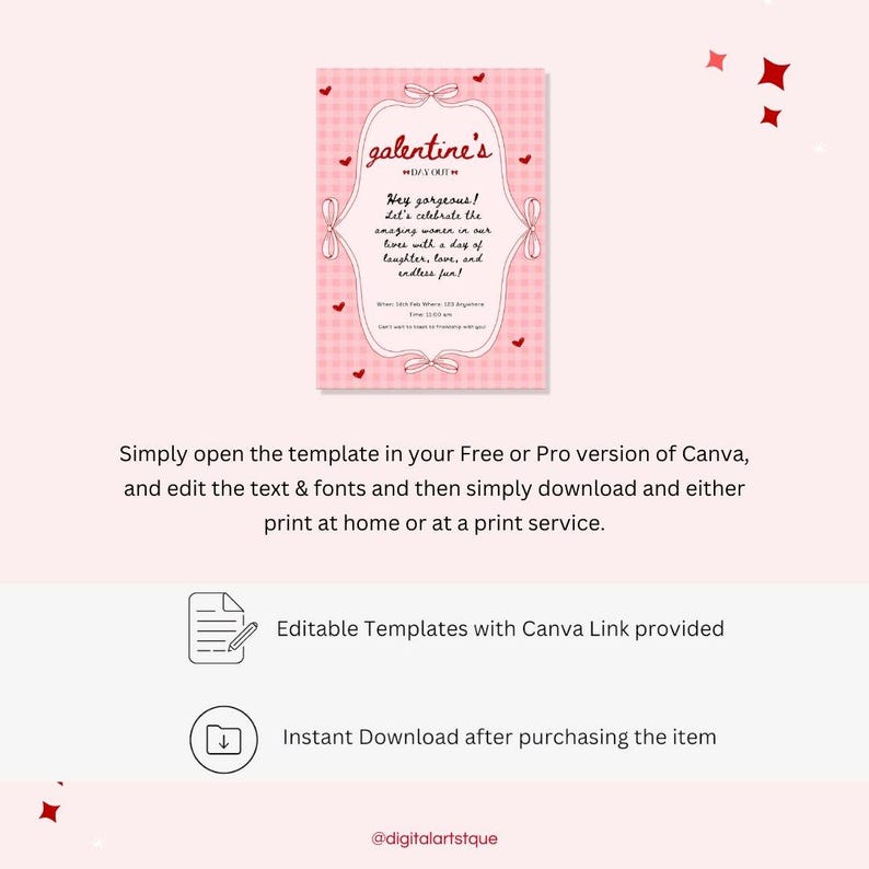 Puede incluir: Una invitaci&oacute;n imprimible rosa y blanca con un fondo de cuadros vichy rosa y blanco. La invitaci&oacute;n dice "galentine's" en una fuente rosa con un coraz&oacute;n y un lazo. El texto dice "Hey gorgeous! Let's celebrate the amazing women in our lives with a day of laughter, love, and endless fun!"