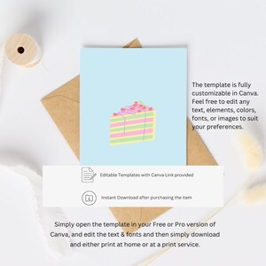 Op de afbeelding: Een digitaal sjabloon voor een verjaardagskaart met een kleurrijke gelaagde taart met roze glazuur en rode sprinkels. Het sjabloon is volledig aanpasbaar in Canva. Bewerkbare sjablonen met Canva-link worden geleverd. Direct downloaden na aankoop van het item. Open gewoon het sjabloon in je gratis of Pro-versie van Canva, bewerk de tekst en lettertypen en download het vervolgens eenvoudig en print het thuis of bij een printservice.