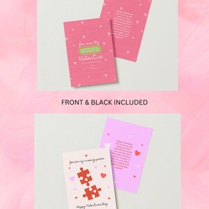 May include: Two printable Valentine's Day cards with pink and white backgrounds. The first card features a pink background with white hearts and the text "You are my forever Valentine". The second card features a white background with pink and white hearts and the text "You're my missing piece" and "Happy Valentine's Day".