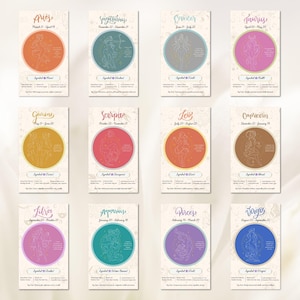 12 cartas del zodíaco coloridas, 12 rasgos del zodíaco, tarjetas del zodíaco digitales con arte astrológico imprimible, descarga digital, tarjeta de signos del zodíaco, regalo de cumpleaños