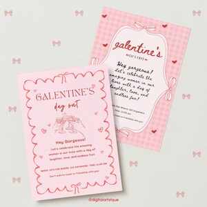 Puede incluir: Una invitaci&oacute;n rosa y roja para una fiesta de Galentine's Day con un borde en forma de coraz&oacute;n y un dibujo de tres copas de champ&aacute;n. El texto dice "Galentine's Day Out" y "Hey Gorgeous! Let's celebrate the amazing women in our lives with a day of laughter, love, and endless fun!" La invitaci&oacute;n incluye la fecha, la hora y la ubicaci&oacute;n del evento.