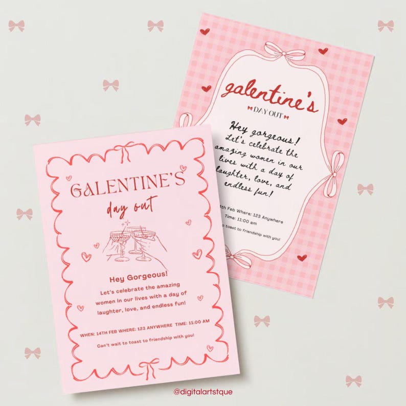 Puede incluir: Una invitaci&oacute;n rosa y roja para una fiesta de Galentine's Day con un borde en forma de coraz&oacute;n y un dibujo de tres copas de champ&aacute;n. El texto dice "Galentine's Day Out" y "Hey Gorgeous! Let's celebrate the amazing women in our lives with a day of laughter, love, and endless fun!" La invitaci&oacute;n incluye la fecha, la hora y la ubicaci&oacute;n del evento.