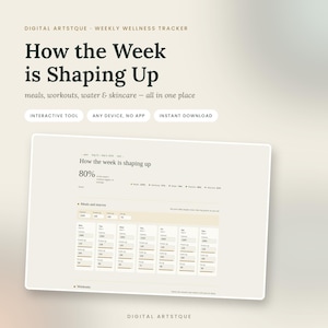 May include: A digital weekly wellness tracker template titled How the Week is Shaping Up. The interface includes sections for meals, workouts, water, and skincare, featuring a progress summary, daily macro tracking tables, and interactive data fields.