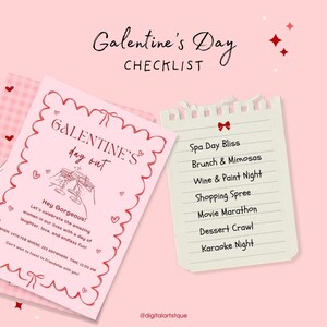 Puede incluir: Una tarjeta de lista de verificaci&oacute;n rosa con el texto "Galentine's Day Checklist" y una lista de actividades para hacer con amigos en el D&iacute;a de Galentine, que incluyen Spa Day Bliss, Brunch & Mimosas, Wine & Paint Night, Shopping Spree, Movie Marathon, Dessert Crawl y Karaoke Night.