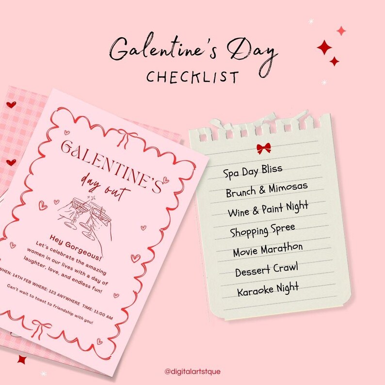 Puede incluir: Una tarjeta de lista de verificaci&oacute;n rosa con el texto "Galentine's Day Checklist" y una lista de actividades para hacer con amigos en el D&iacute;a de Galentine, que incluyen Spa Day Bliss, Brunch & Mimosas, Wine & Paint Night, Shopping Spree, Movie Marathon, Dessert Crawl y Karaoke Night.