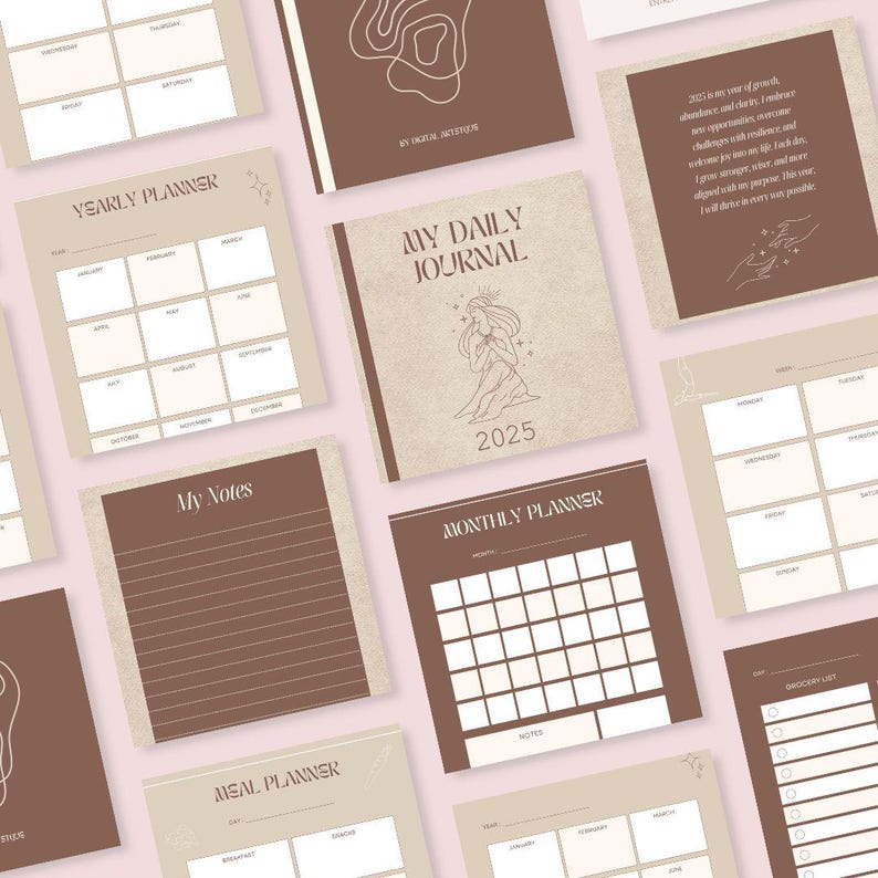 May include: A set of printable planner pages with a brown and beige color scheme. The pages include a yearly planner, a monthly planner, a daily journal, a meal planner, a grocery list, and a notes page. The pages feature a minimalist design with simple lines and text.