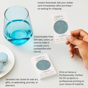 May include: Printable digital download of a Sagittarius zodiac constellation card with a blue and white color scheme. The card features the constellation, dates, and the text "Sagittarius" and "November 22 - December 21".