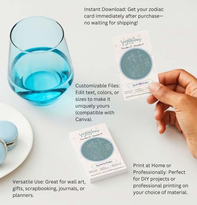 May include: Printable digital download of a Sagittarius zodiac constellation card with a blue and white color scheme. The card features the constellation, dates, and the text "Sagittarius" and "November 22 - December 21".
