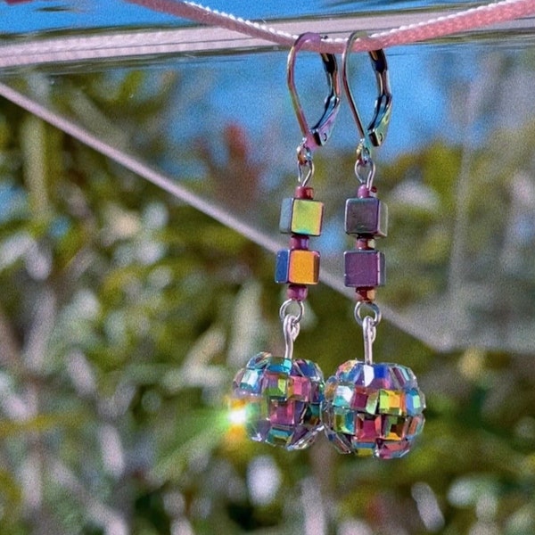 Disco Ball Dangle Earrings | rainbow stainless steel leverback clasps, dazzling & fun earrings, gift box included