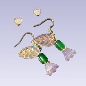 Purple Tulip Earrings | iridescent purple & green glass; gold earrings; gift box included