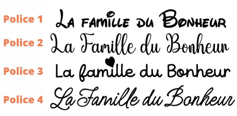 May include: A graphic display of the text La famille du Bonheur written in four distinct black font styles, labeled Police 1 through Police 4 in orange text. The third line includes a small black heart icon above the word famille.