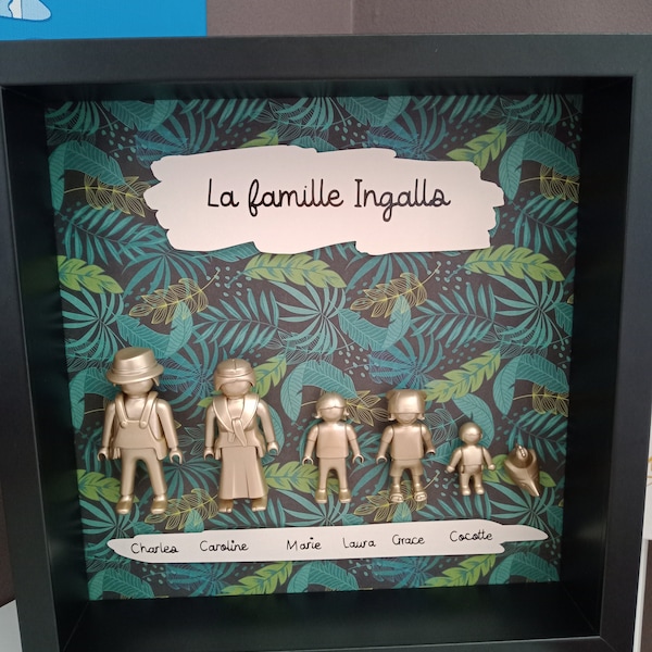 Cadre Famille personnalisé à accrocher ou poser, décoration originale avec les personnages Playmobil, idée cadeau sympa pour la famille