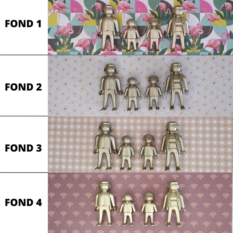 May include: Four gold-colored plastic figures arranged in a family group, consisting of two adult-sized figures and two child-sized figures. The figures are displayed against four different patterned backgrounds labeled FOND 1, FOND 2, FOND 3, and FOND 4.