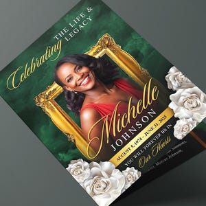 Gold Green Roses Funeral Program (8 pages) Celebration of Life Obituary Program | Memorial Program, In Loving Memory, Canva Funeral Template